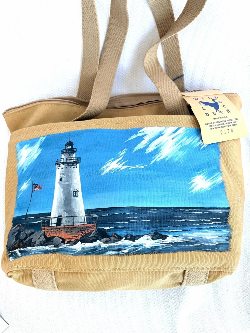 NWT! Collectible Original Ruth D’Ambrosio Painted Tote Lighthouse Coastal Motif